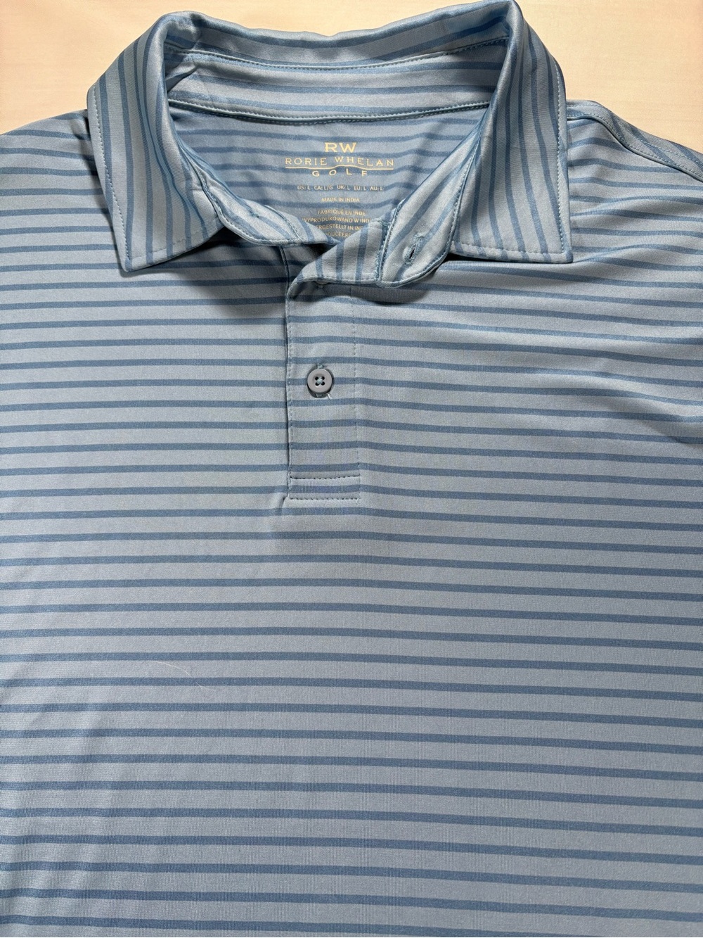 NWT Rorie Whelan Golf RW Mens Large Striped Polo Shirt Blue Moisture Wicking